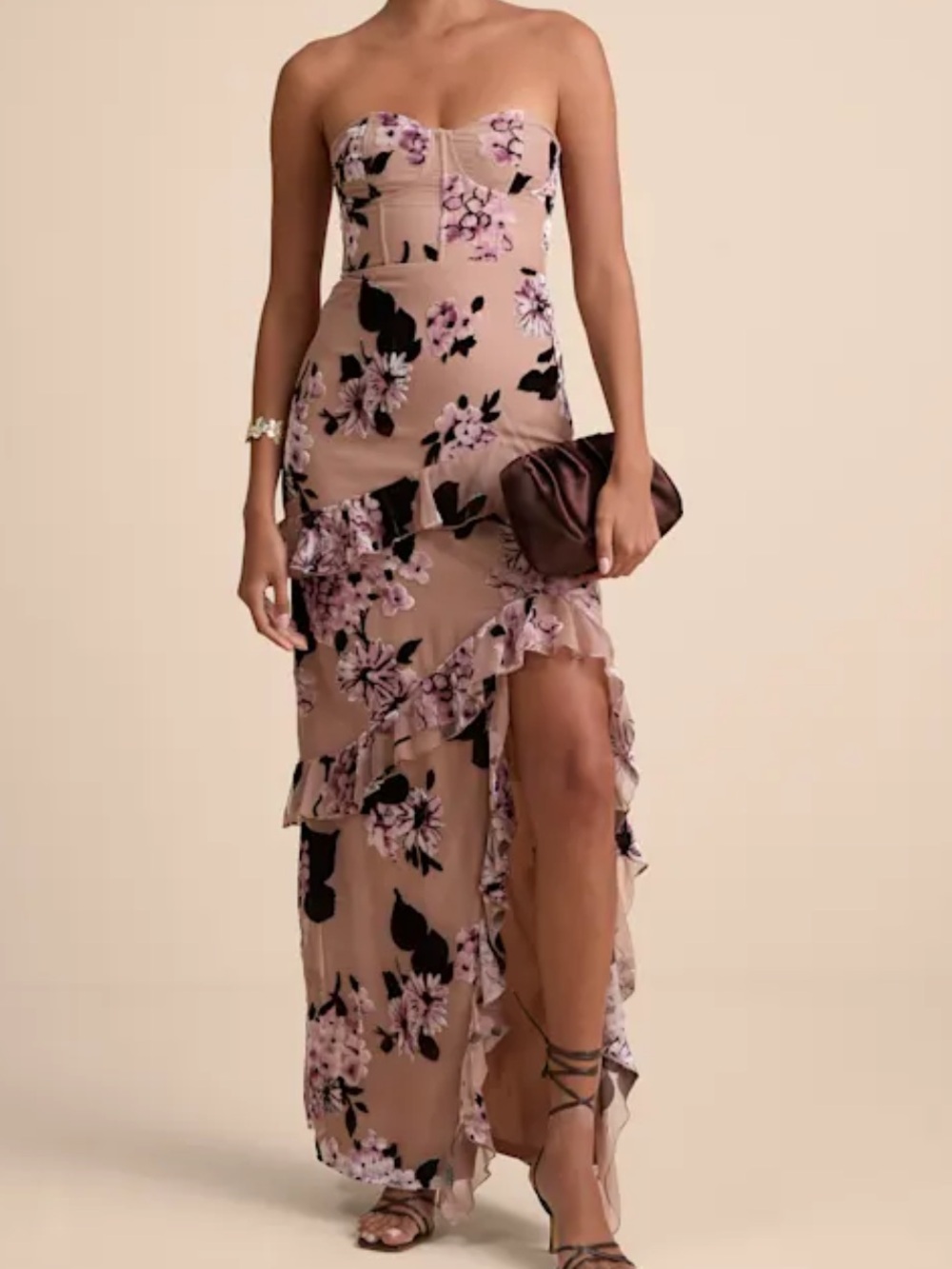 Lulu's Nude Strapless Floral Ruffle Maxi Dress